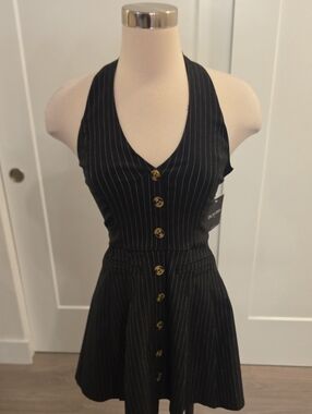 Dylan Ryan women’s Black Pinstripe Halter Button-Front Mini Dress size XS NWTS
